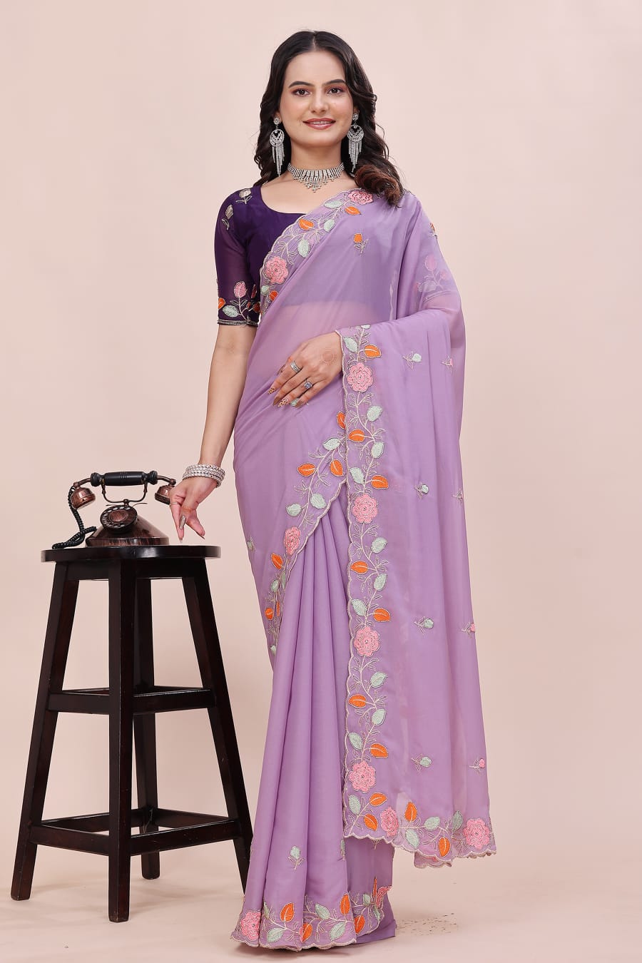 Rose Petal Embroidered Star Georgette Saree with Beads Work Border