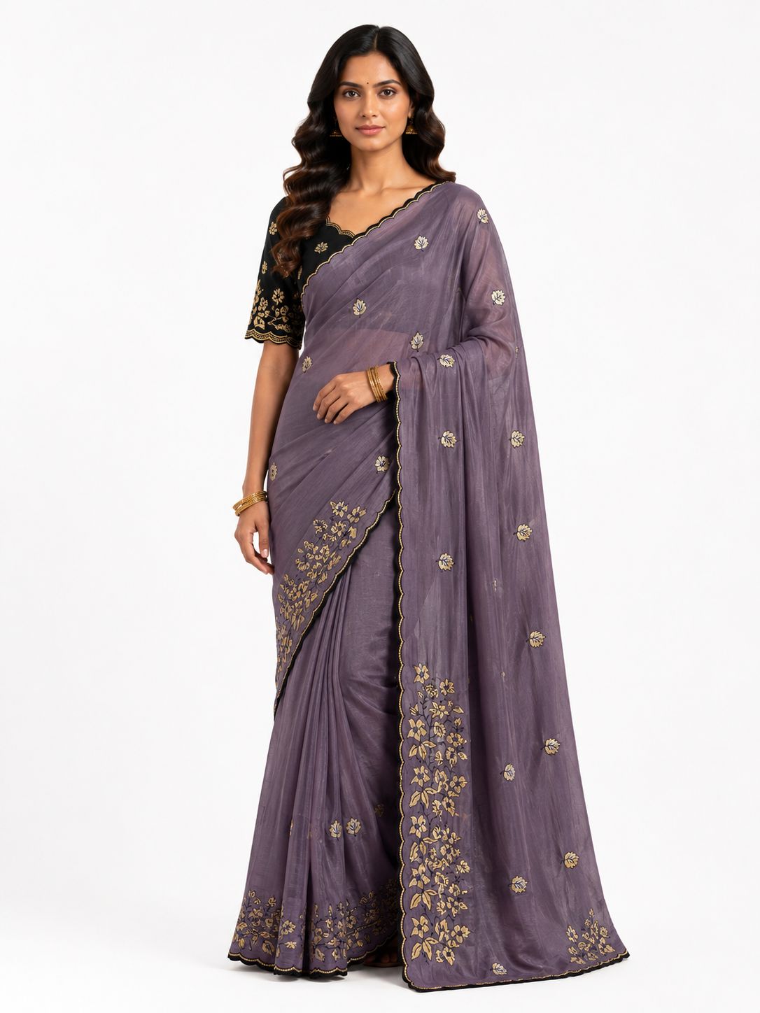 Women's Premium Star Galaxy Embroidered Saree with Designer Black Blouse