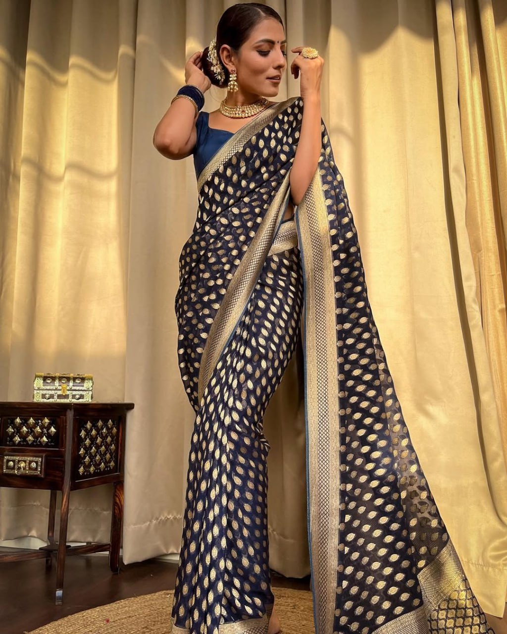 Navy Blue Banarasi Silk Saree with Golden Zari Weaving and Border