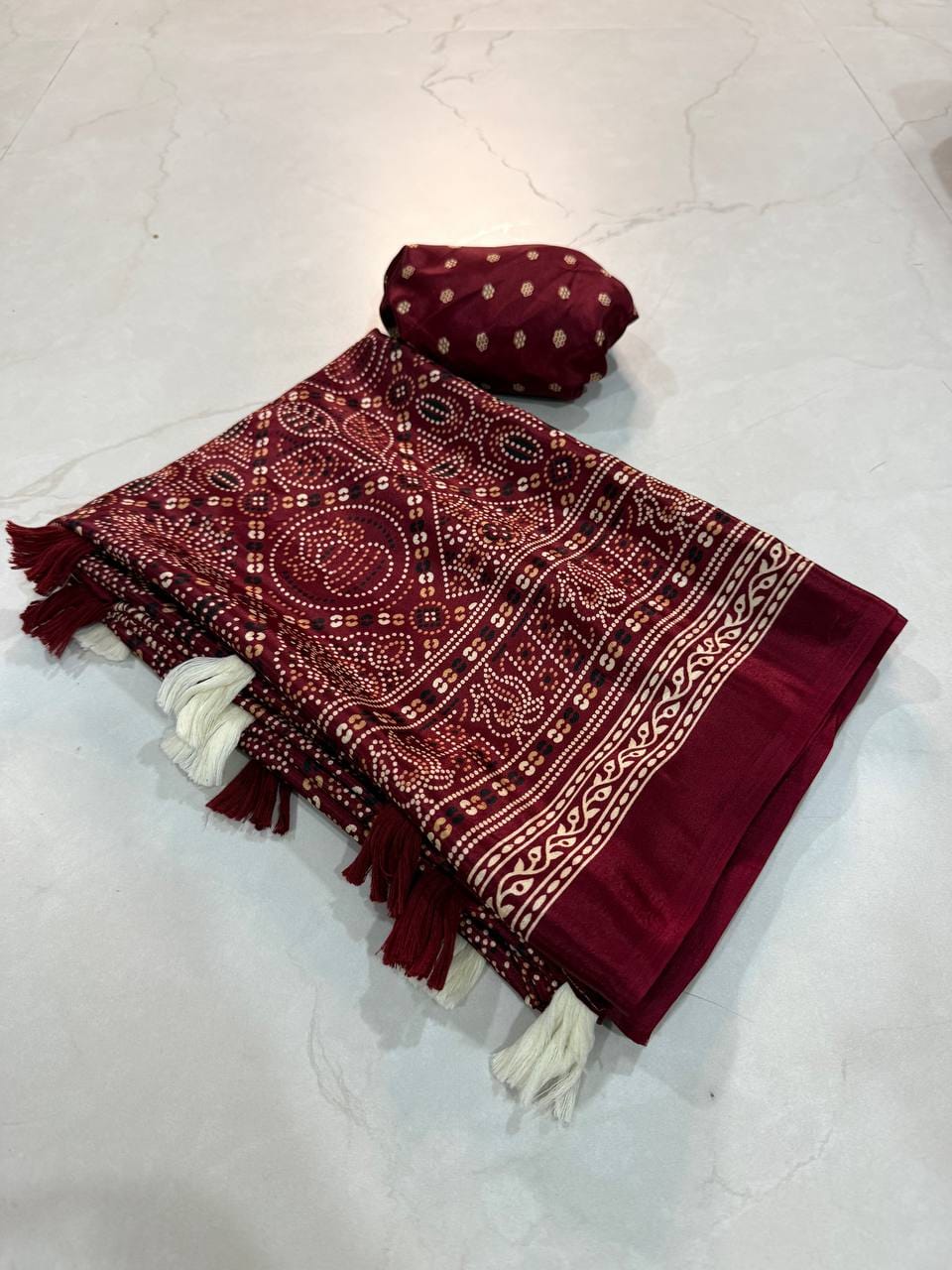 Premium Ajrakh Designer Crepe Silk Saree with Traditional Bandhani-Inspired Print & Tassel Border