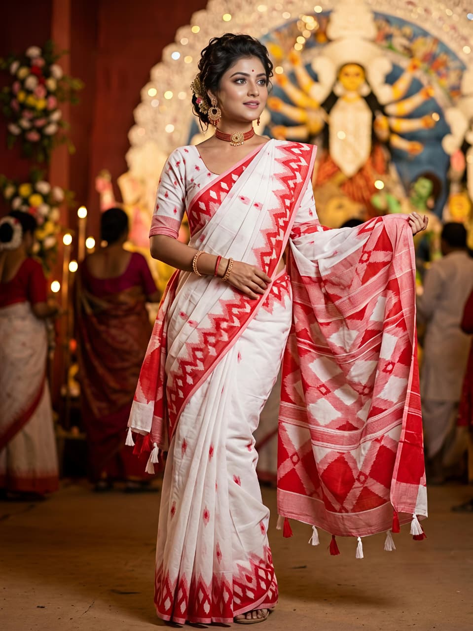 Durga Pooja Edition Heavy Blooming Cotton Silk Saree with Jacquard Pallu & Blouse
