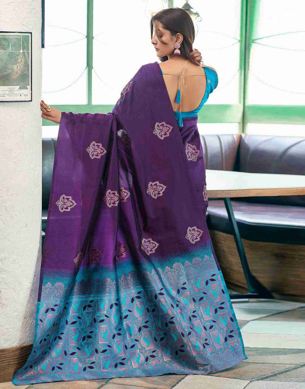 Purple Silk Saree with Blue Embroidered Border