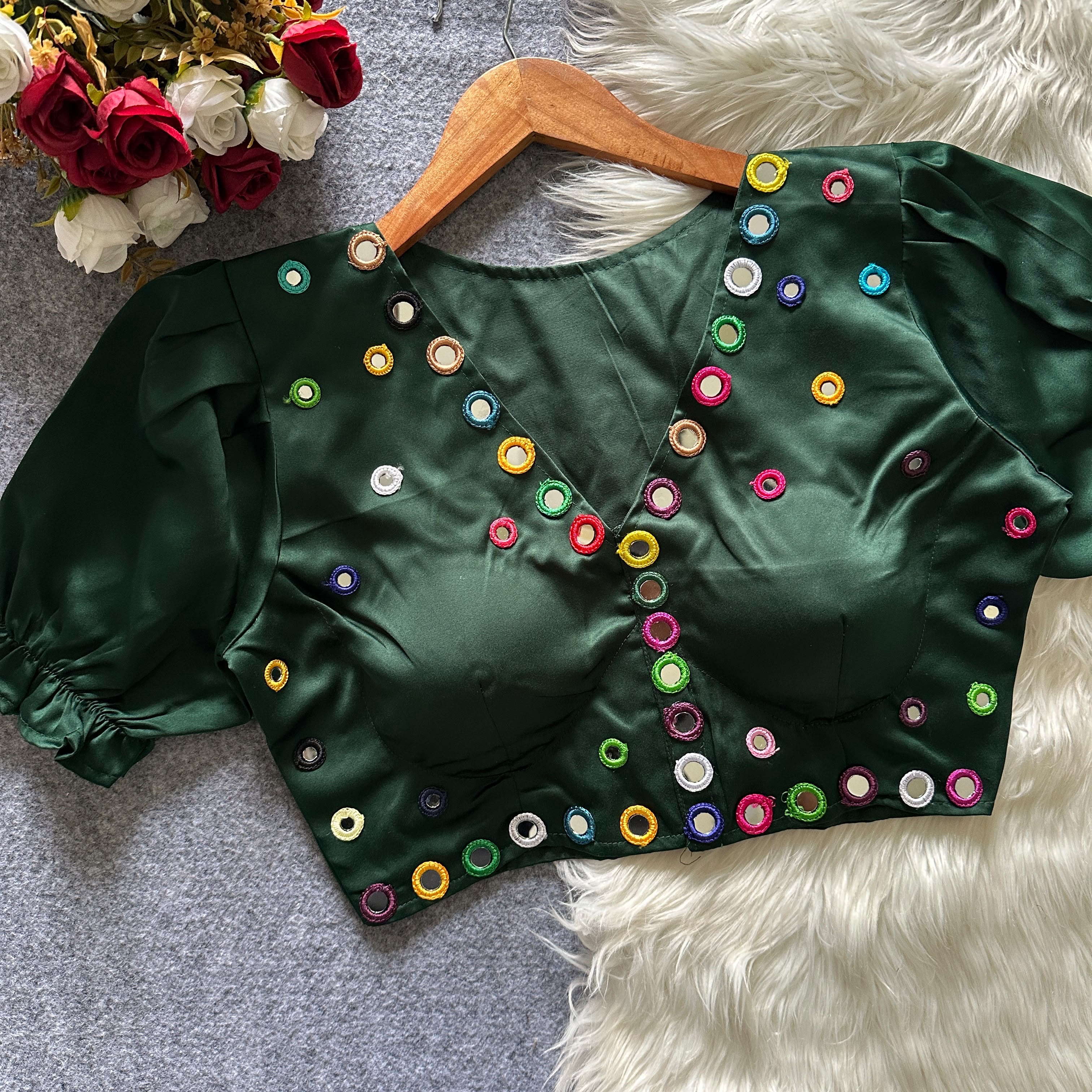 Navratri Satin Silk Multicolour Mirror Work Designer Blouse – Free Size 38–42