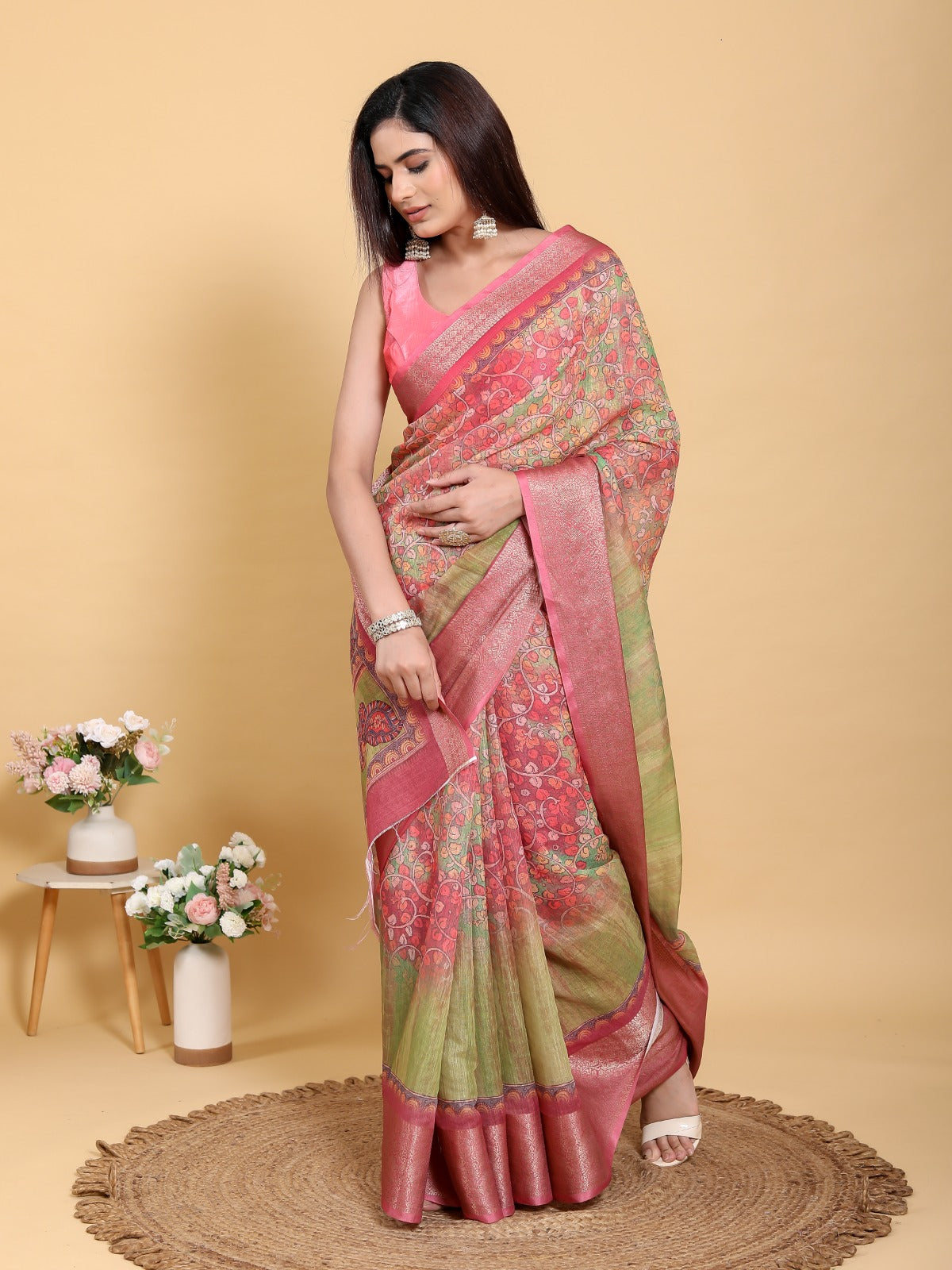 Pink Heritage Heavy Linen Saree with Artistic Floral & Peacock Print