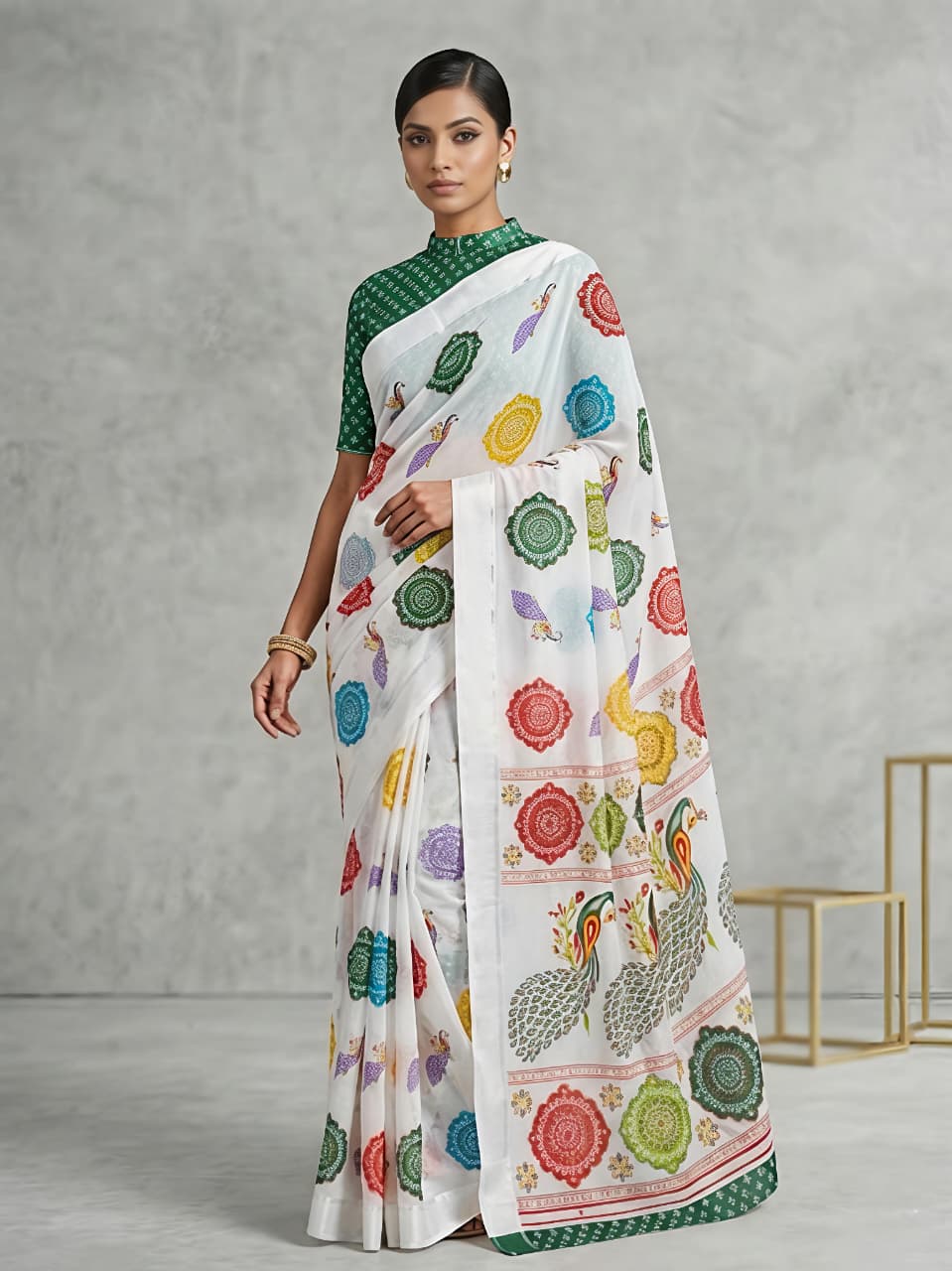 Rajwadi Mor Masakali Blooming Georgette Saree with Bandhej Print & Zari Weave