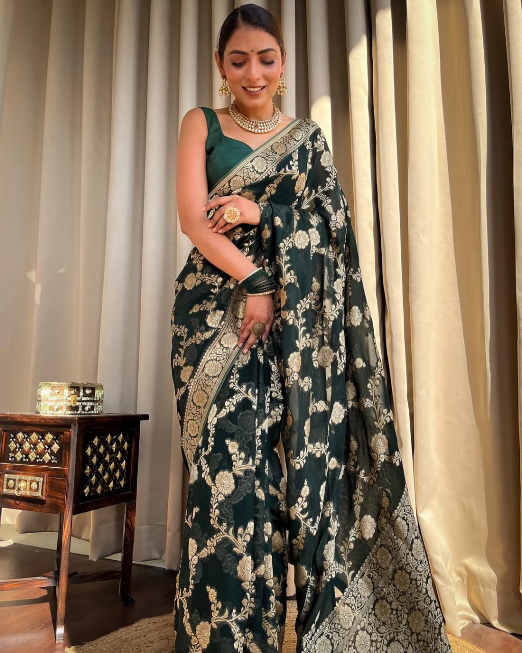 Black and Gold Banarasi Silk Saree with Floral Zari Work