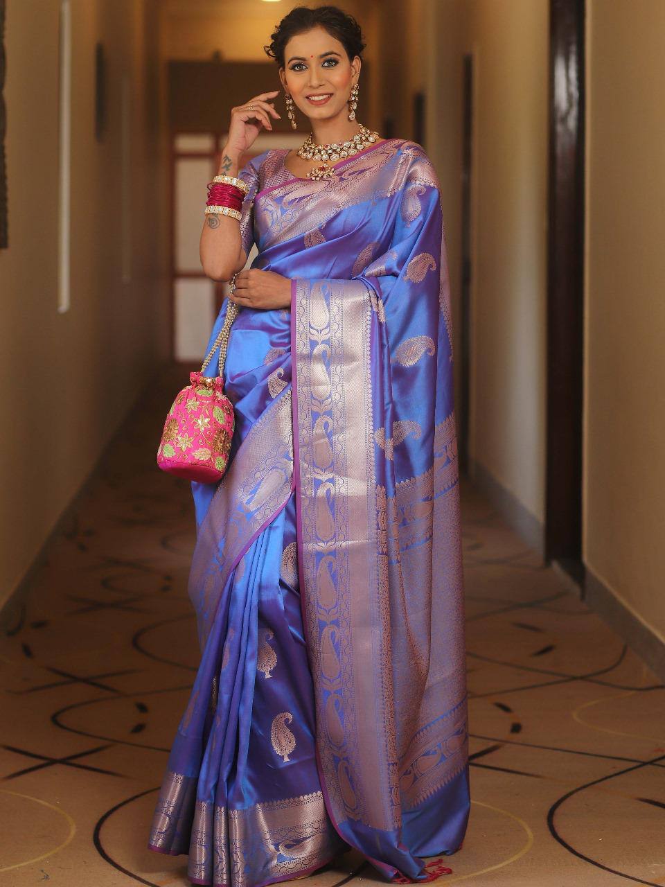 Elegant Blue Banarasi Silk Saree with Silver Zari Work