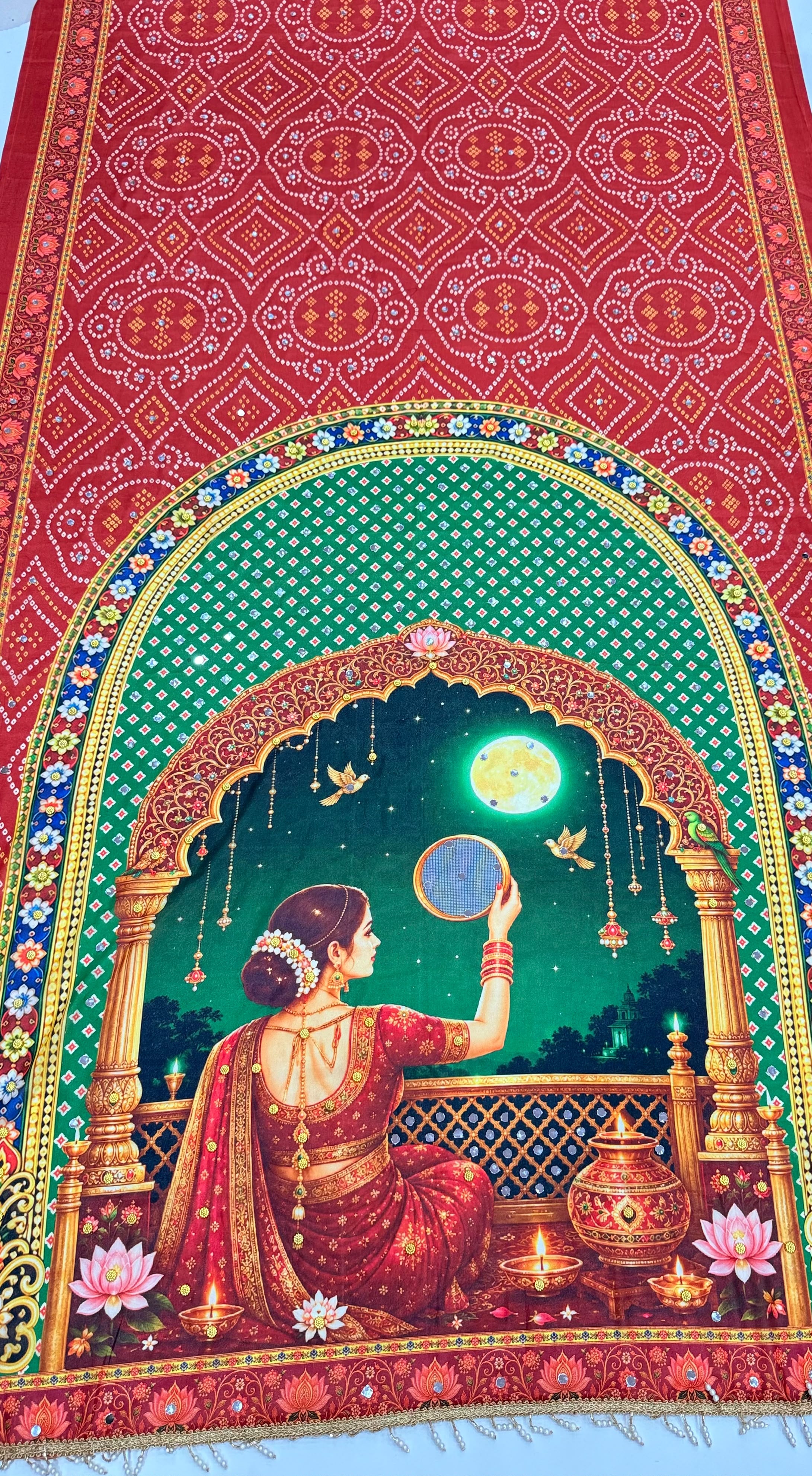 Karva Chauth Special Heavy Shimmer Silk Saree with 2,000 Mirror Work & Designer Pallu with Matching Blouse