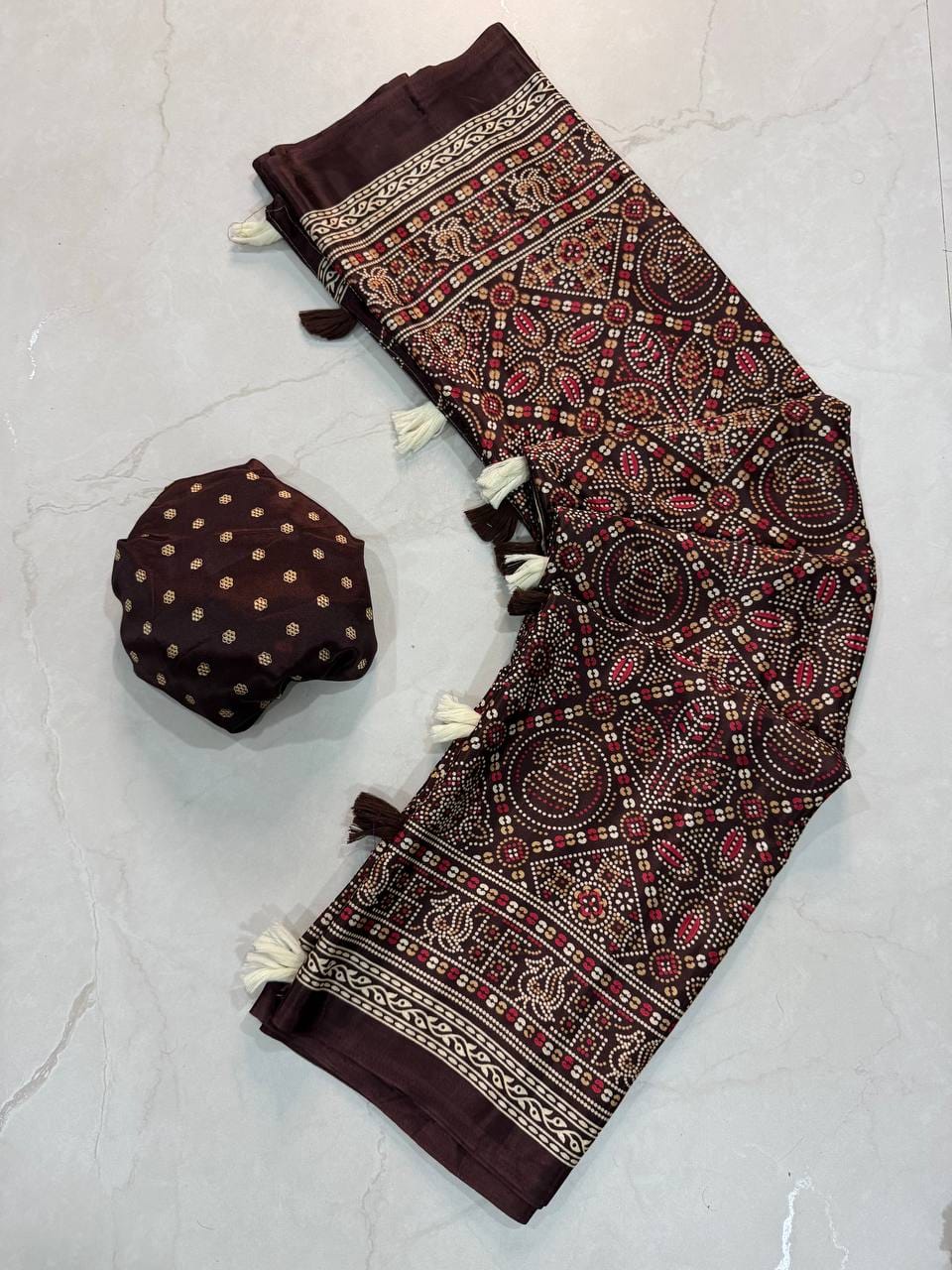 Premium Ajrakh Designer Crepe Silk Saree with Traditional Bandhani-Inspired Print & Tassel Border