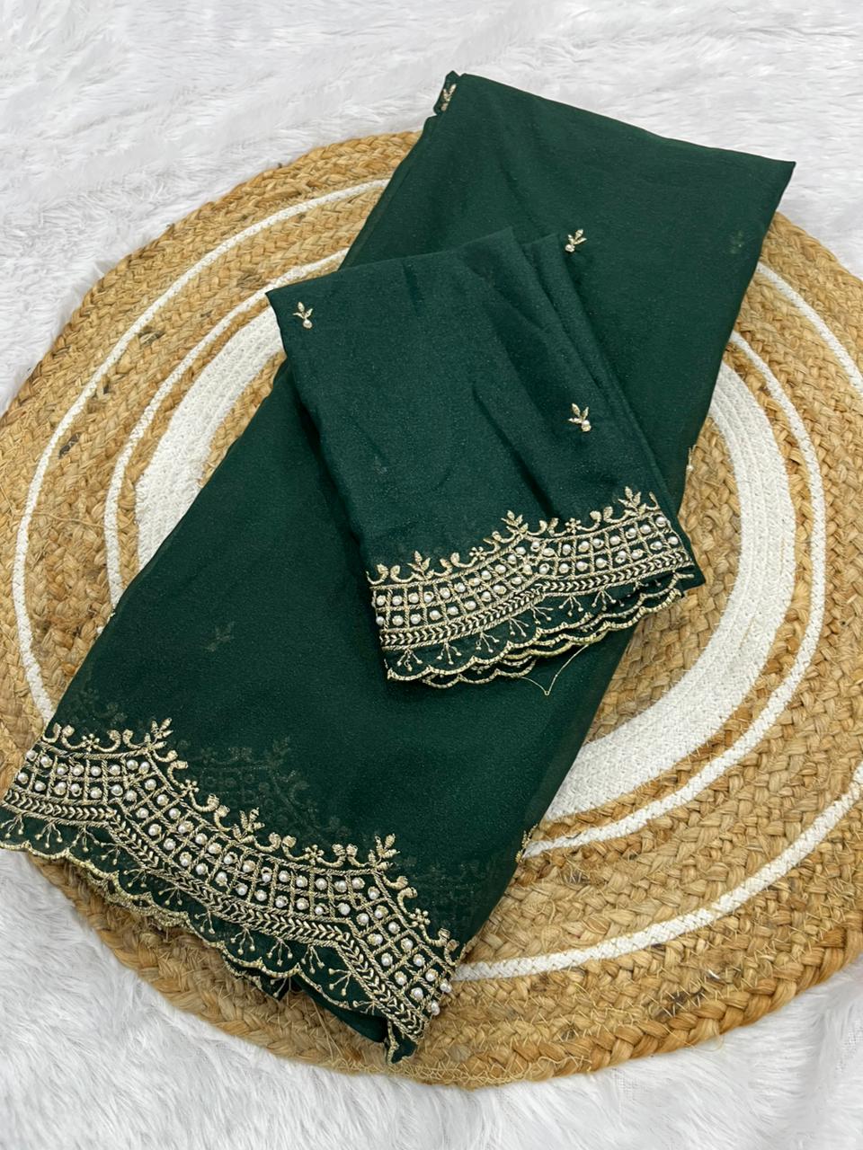 Premium Star Georgette Embroidery Zari & Moti Work Saree for Women | Party Wear Designer Saree with Matching Blouse