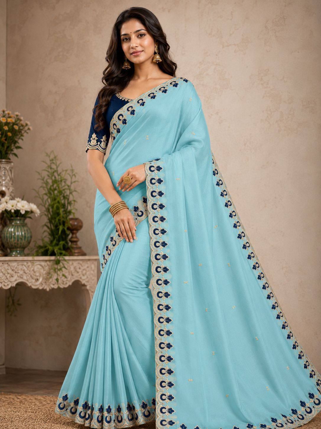 Kalash Premium Star Georgette Embroidered Saree with Designer Border & Running Blouse