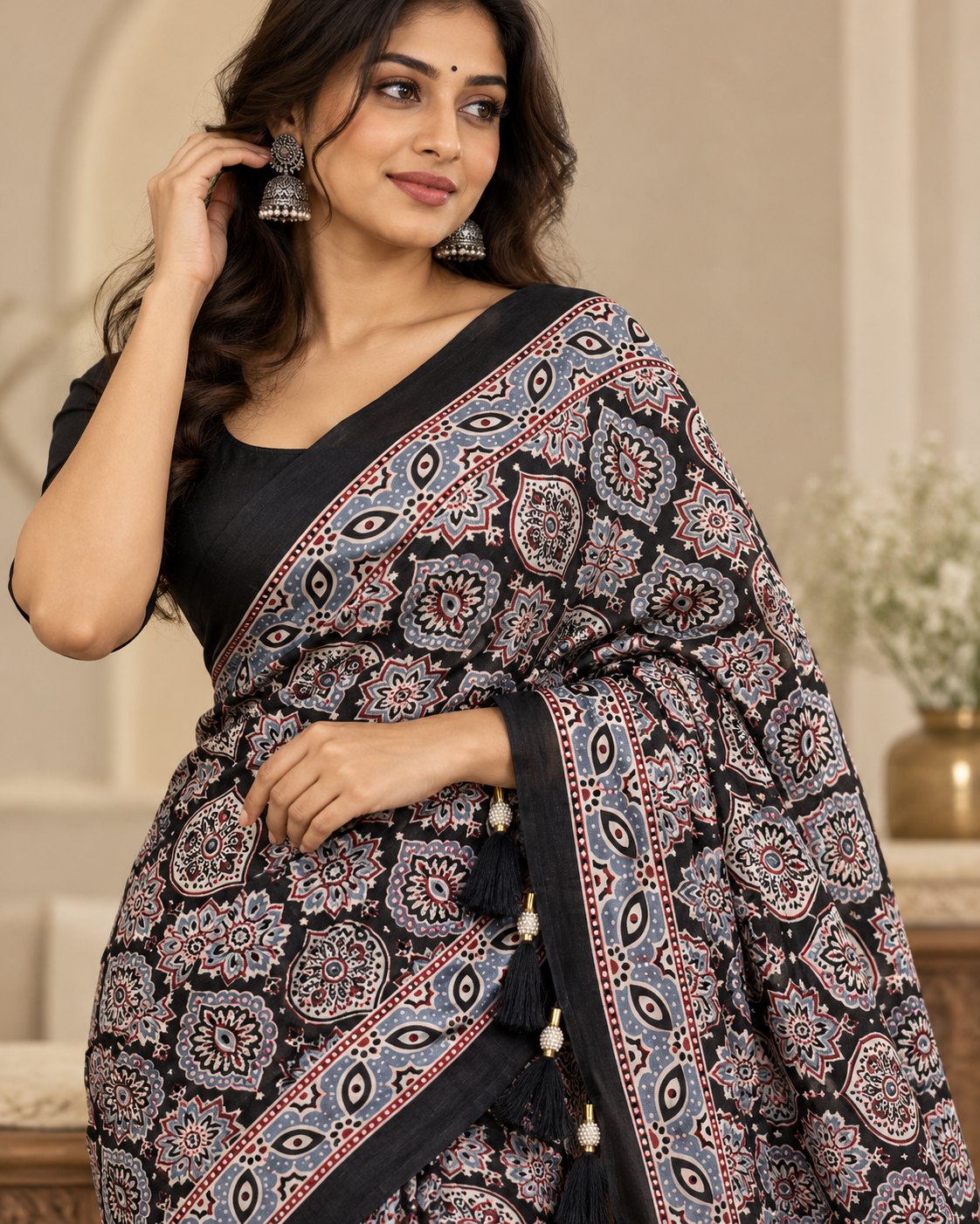 Premium Ajrakh Designer Crepe Silk Saree with Floral Print & Tassel Border