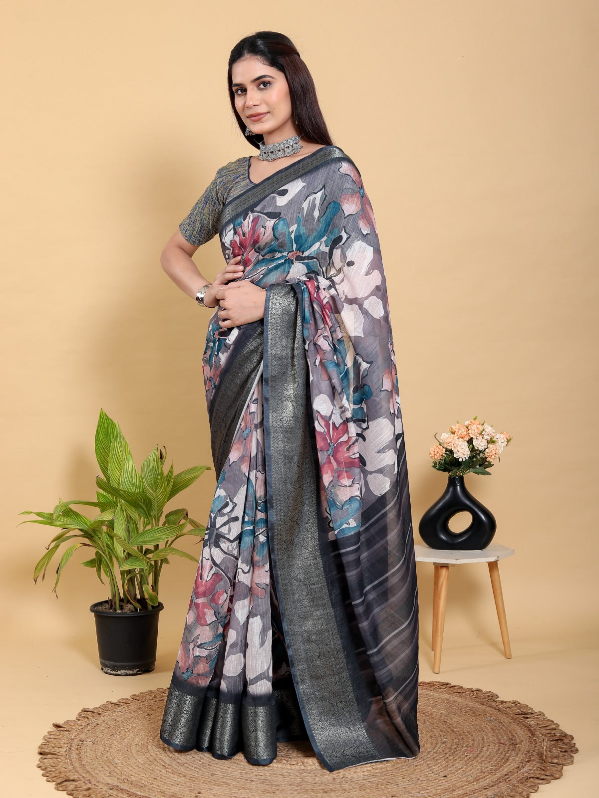 Mystic Floral Heavy Linen Saree with Rich Jacquard Border & Designer Blouse