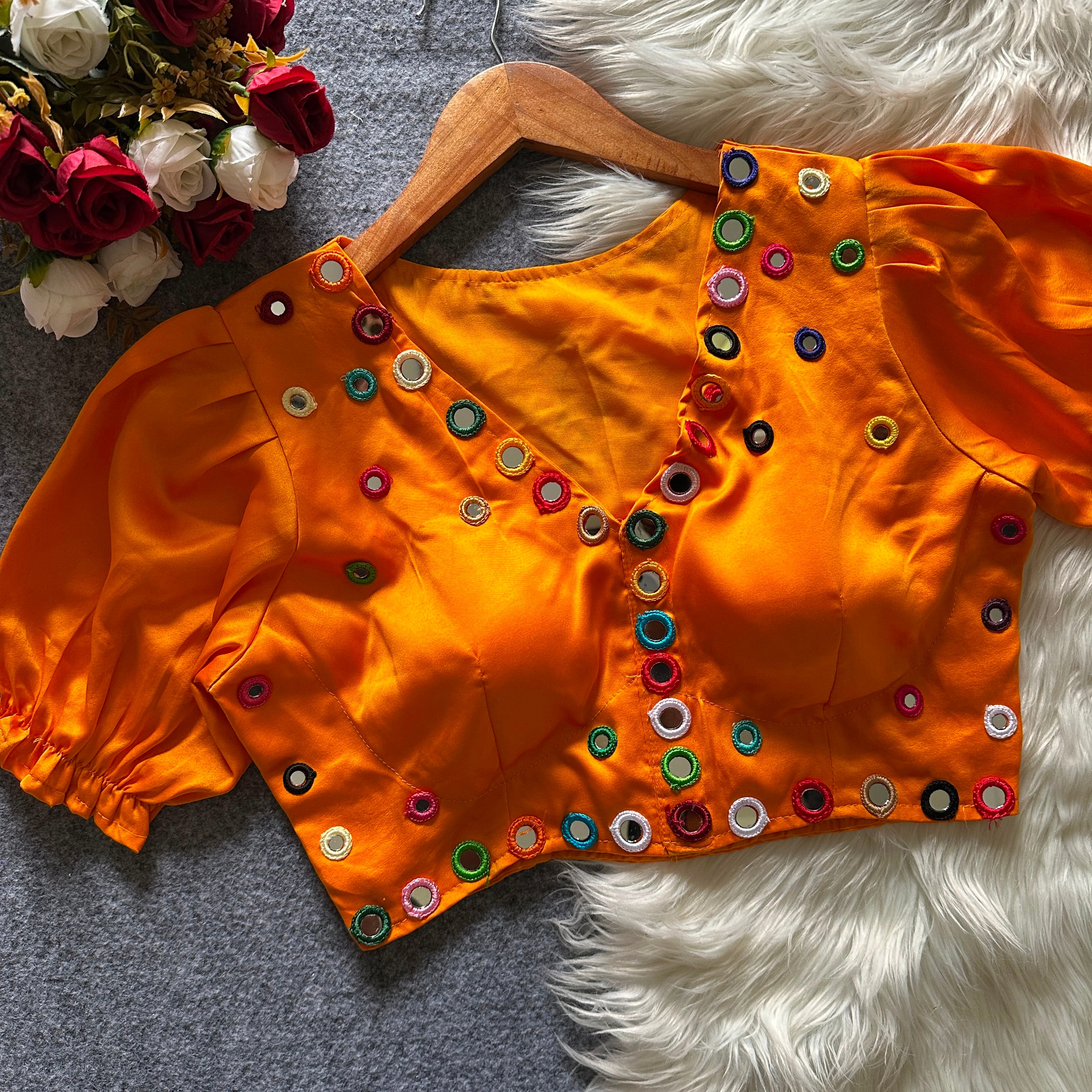 Navratri Satin Silk Multicolour Mirror Work Designer Blouse – Free Size 38–42