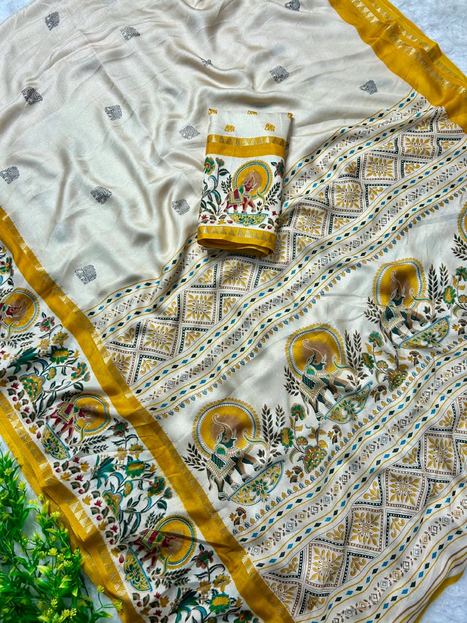 Premium Marsh Mellow Saree with Gajraj Print & Double Temple Pattu Border