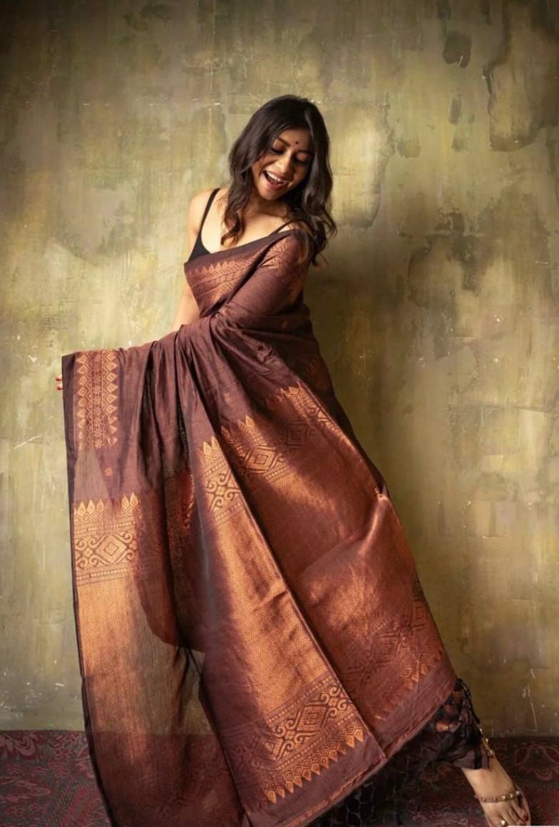 Elegant Chocolate Brown Silk Saree with Golden Zari Border