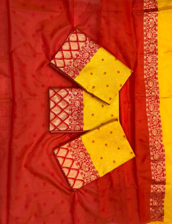 Yellow Banarasi Silk Saree with Red Border and Unstitched Blouse
