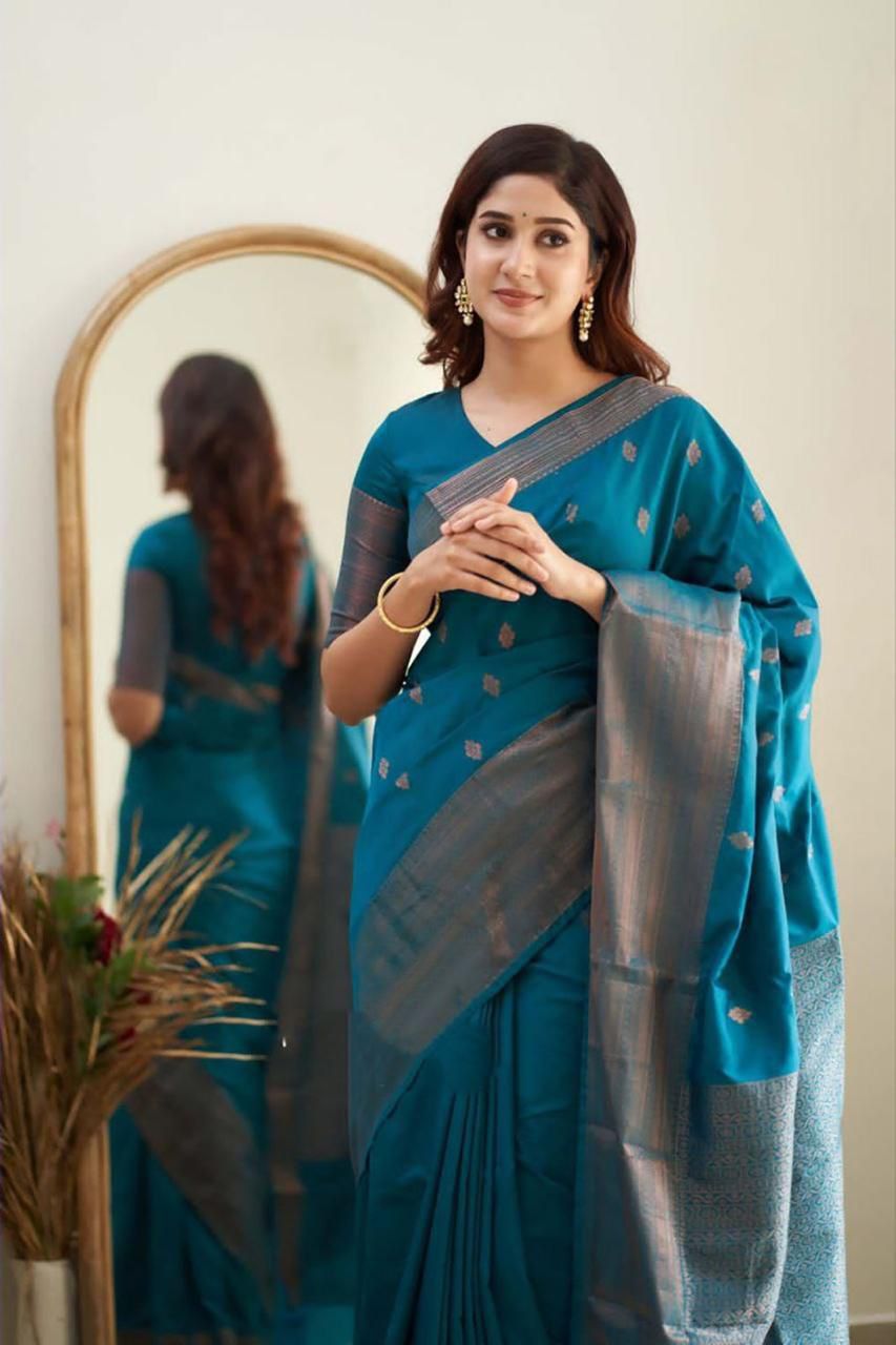 Teal Blue Silk Saree with Silver Zari Border and Brocade Blouse