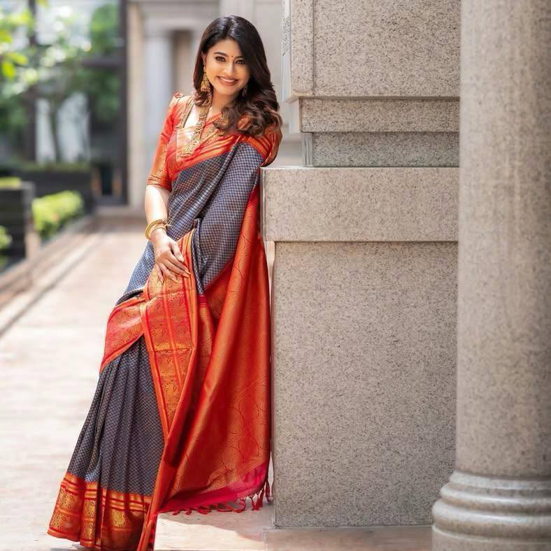 Black Checkered Silk Saree with Red Border and Golden Zari Work