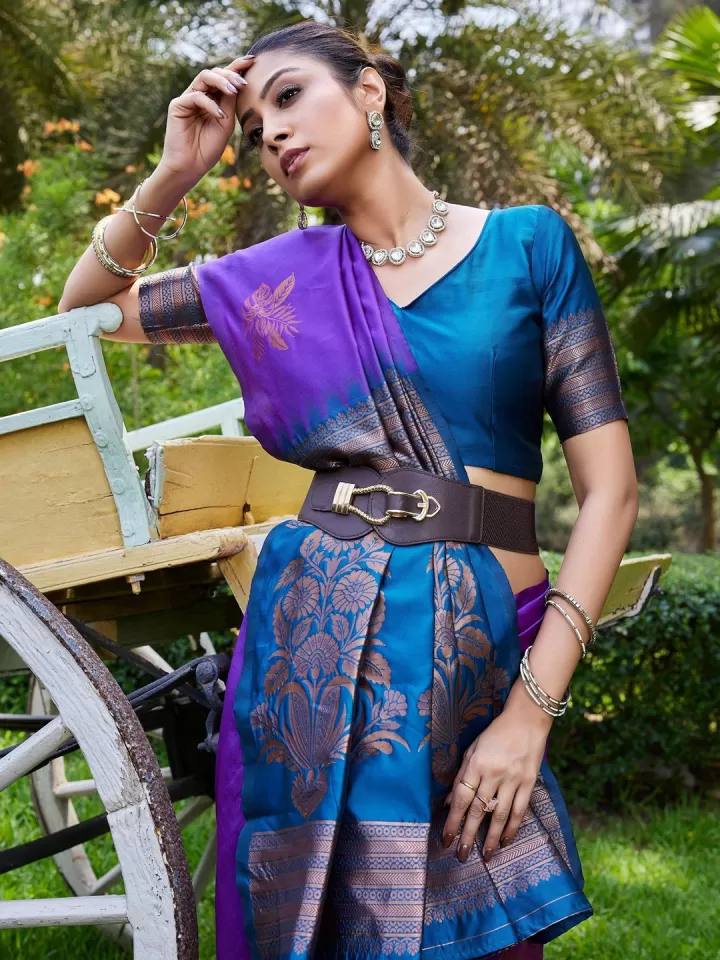 Purple and Blue Kanjivaram Silk Saree with Golden Zari Work