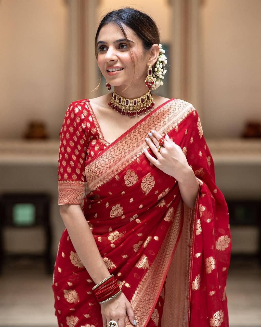 Red Banarasi Silk Saree with Golden Zari Work