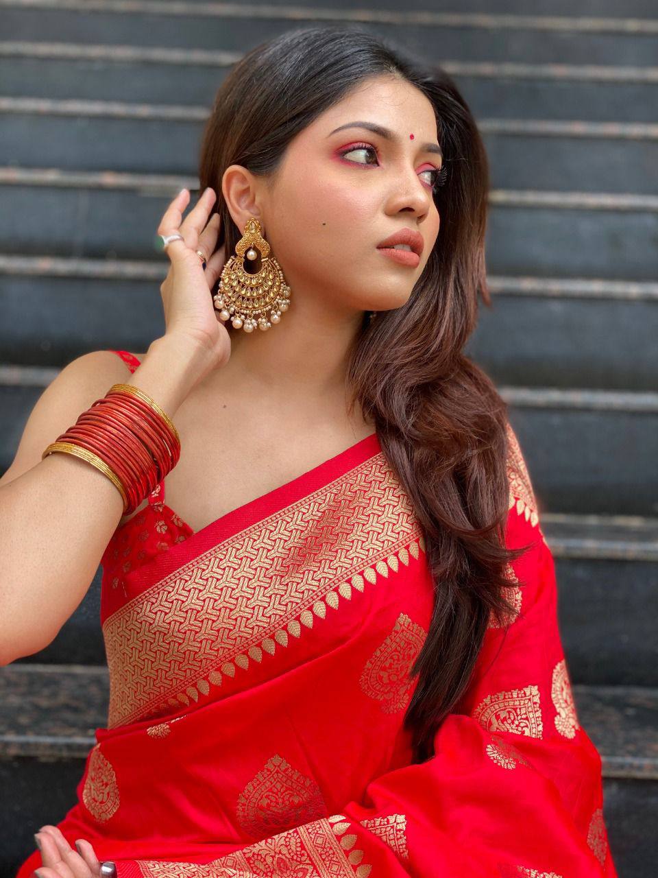 Traditional Red Banarasi Silk Saree with Golden Brocade Work