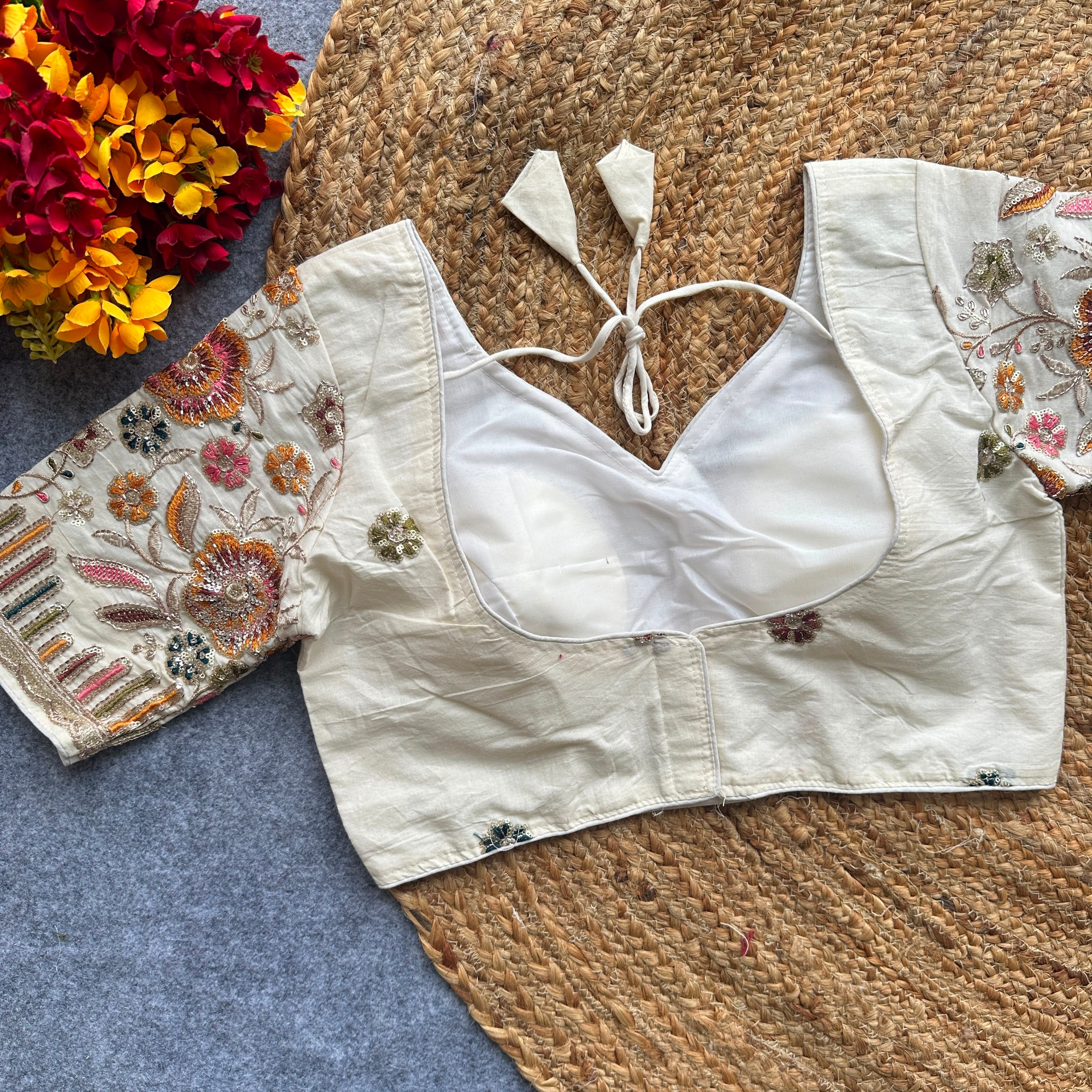 Pure Khadi Cotton Embroidered Partywear Blouse – Heavy Padded | Back Open | 38–42