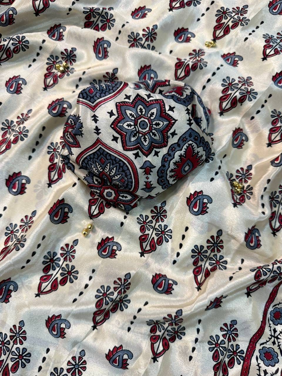 Premium Crepe Silk Saree with Ghughari Work, Floral Print & Tassel Detailing