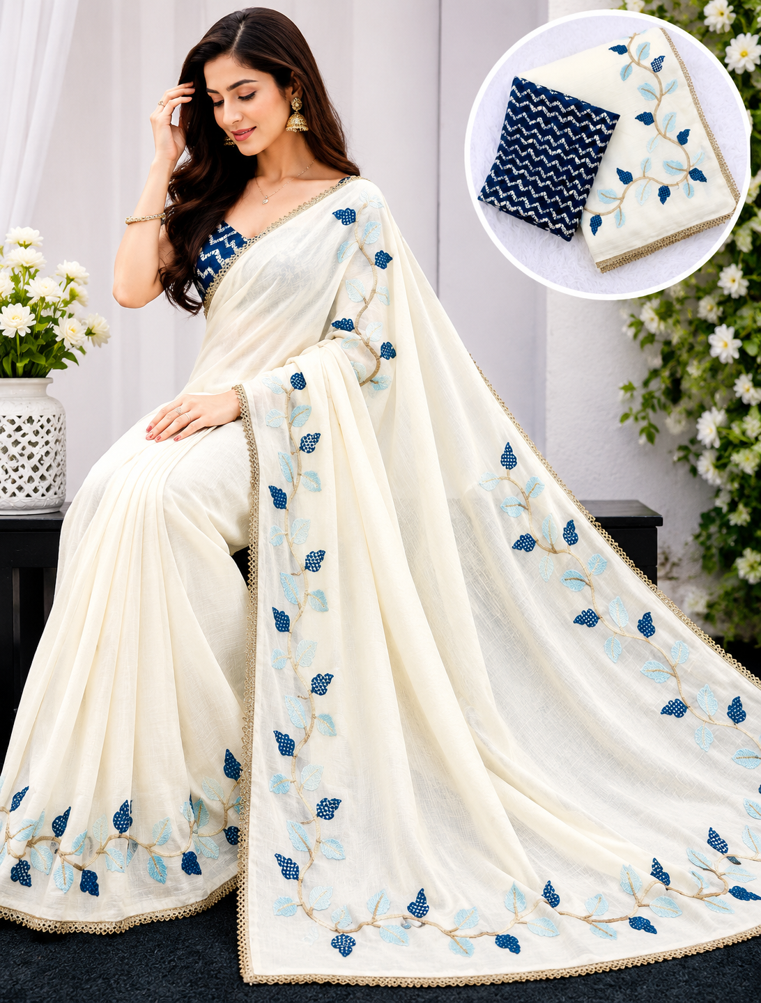 Women's Pure Soft Silk Saree | Floral Thread Work Border Saree | Elegant Party Wear Saree with Satin Silk Digital Print Blouse