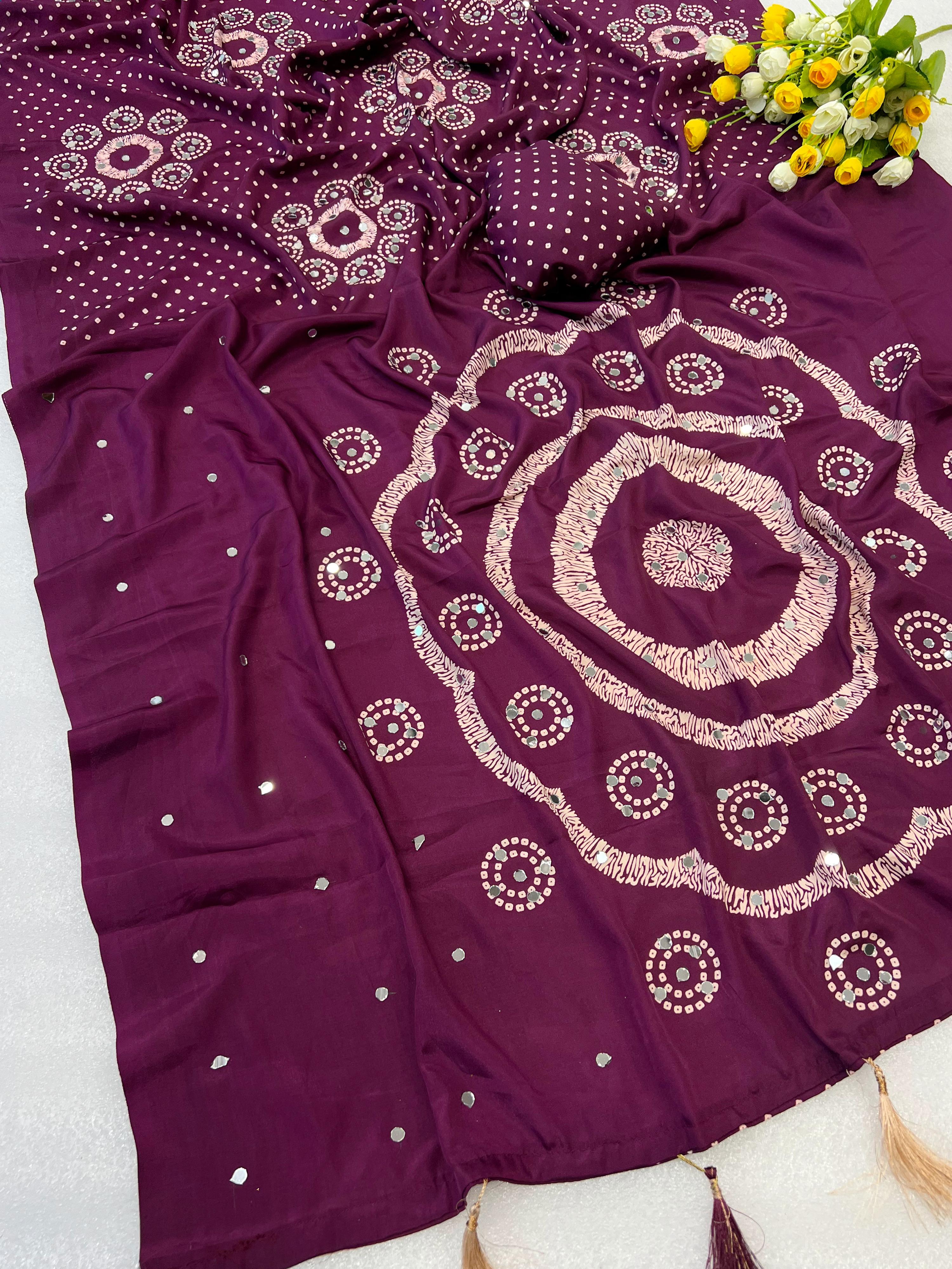 Premium Moss Satin Ajrakh Saree with 2,500 Mirror Work & Matching Blouse