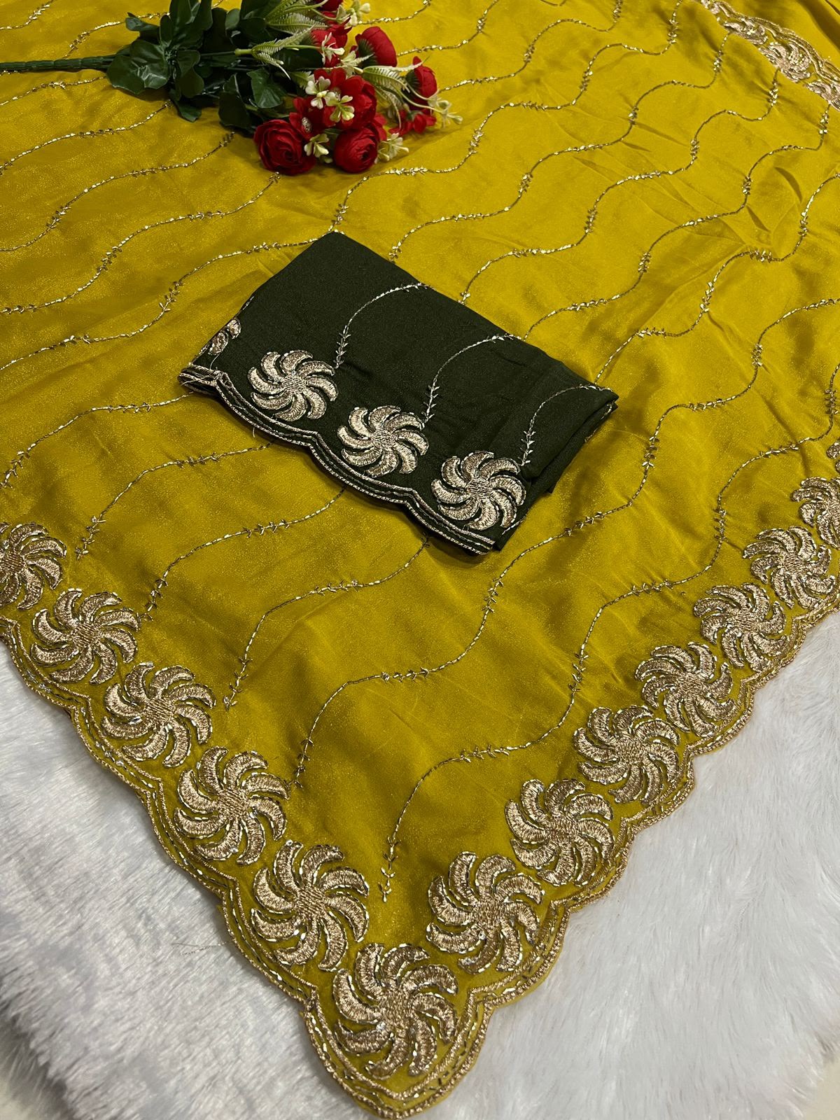 Ring Star Georgette Saree with Sequence Bits Work & Contrast Running Blouse
