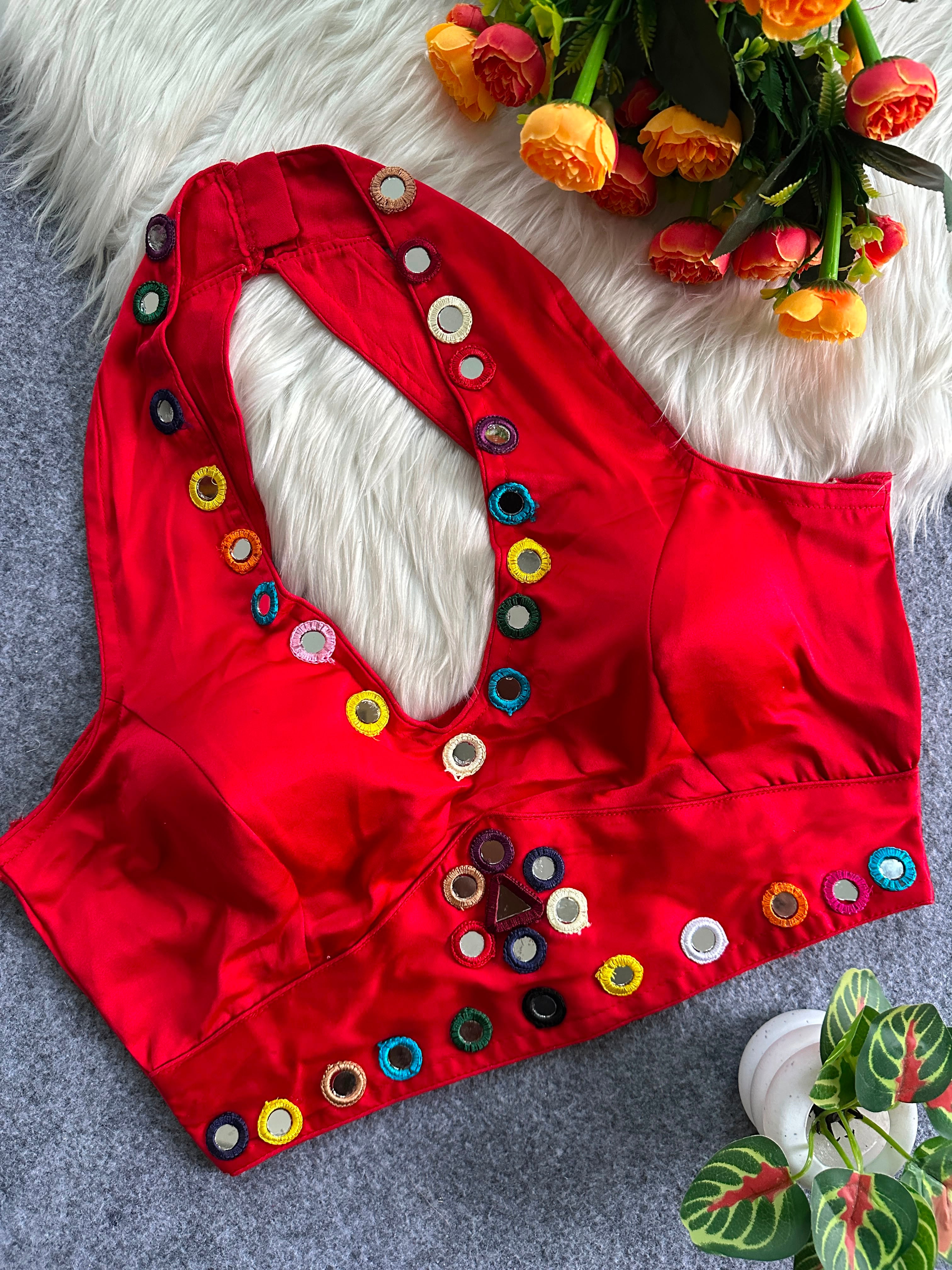 Navratri Satin Silk Multicolour Mirror Work Designer Blouse – Free Size 38–42