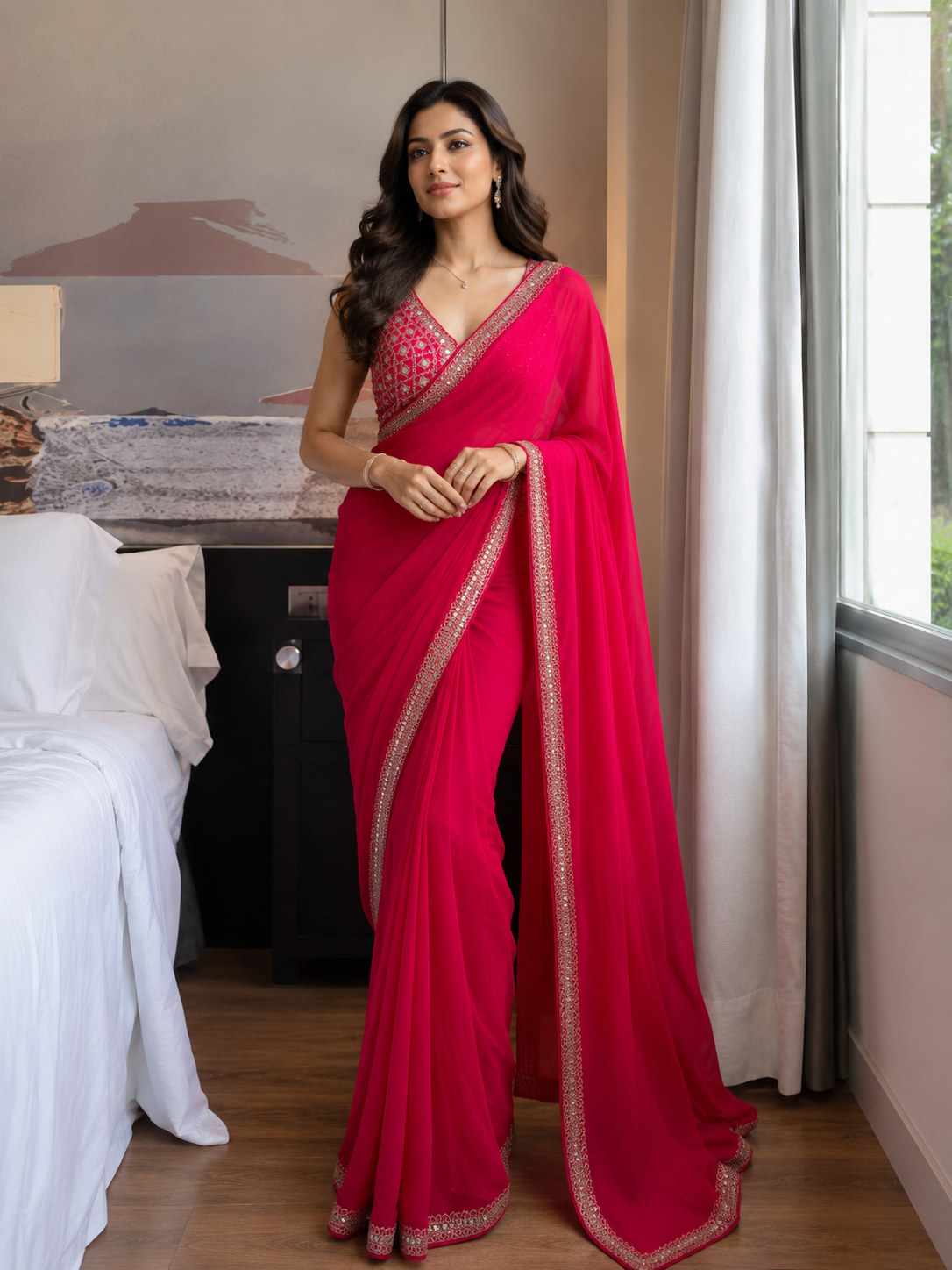 Women's Designer Faux Georgette Saree with Heavy Embroidered Blouse