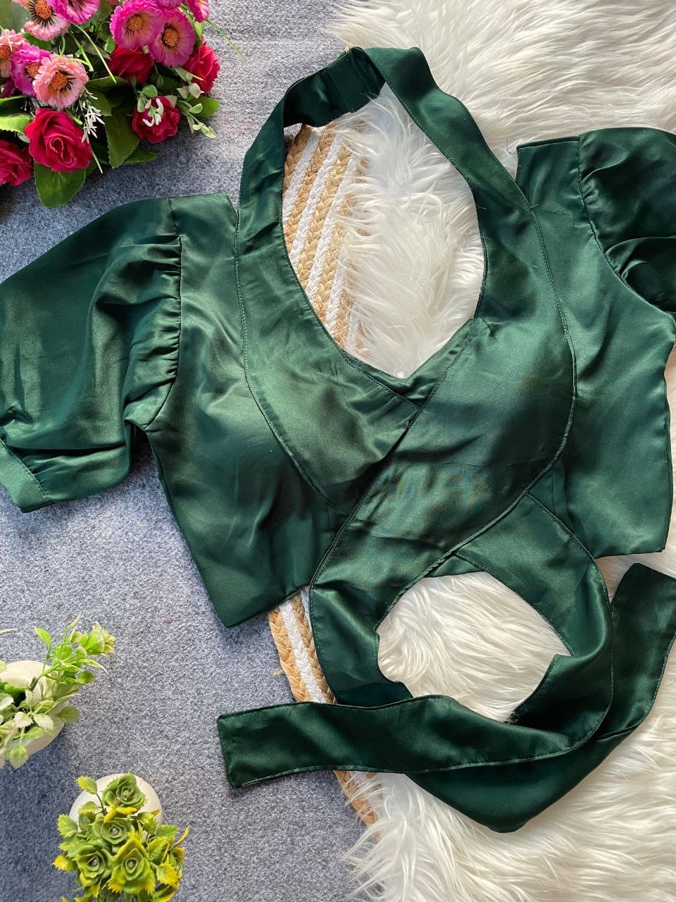 Pure Malai Satin Balloon Sleeve Designer Blouse – Padded with Tie-Up Back | Free Size 38–42
