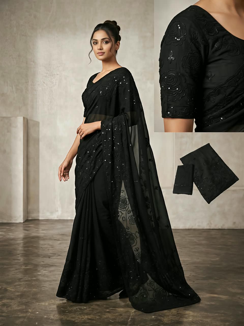 Premium Star Georgette Saree with Black Sequin & Thread Embroidery and Matching Blouse