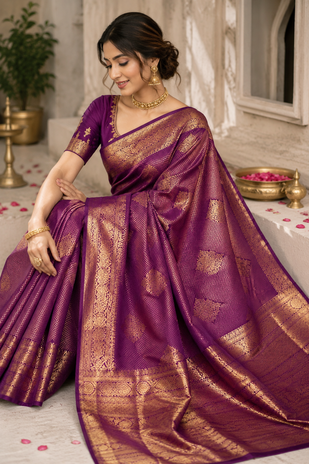 Women's Purple Soft Litchi Silk Saree with Rich Jacquard Woven Pallu & Running Blouse