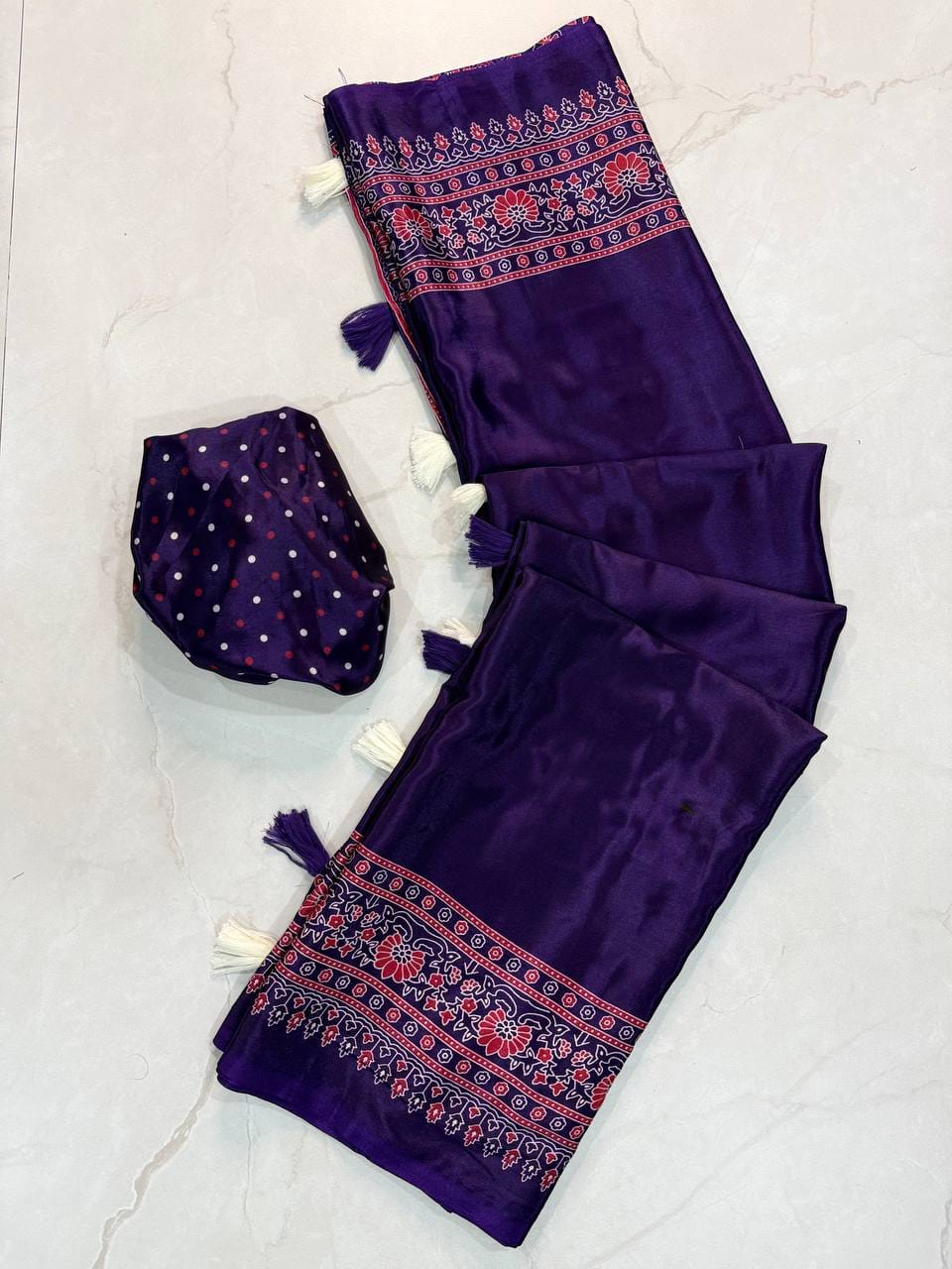 Premium Ajrakh Designer Crepe Silk Saree with Floral Border & Tassel Detailing