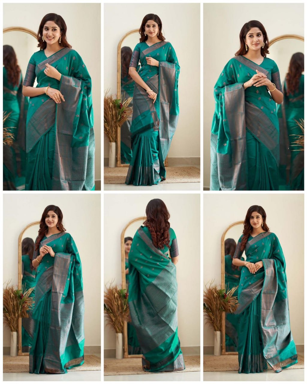 Elegant Green Silk Saree with Grey Border and Butta Work