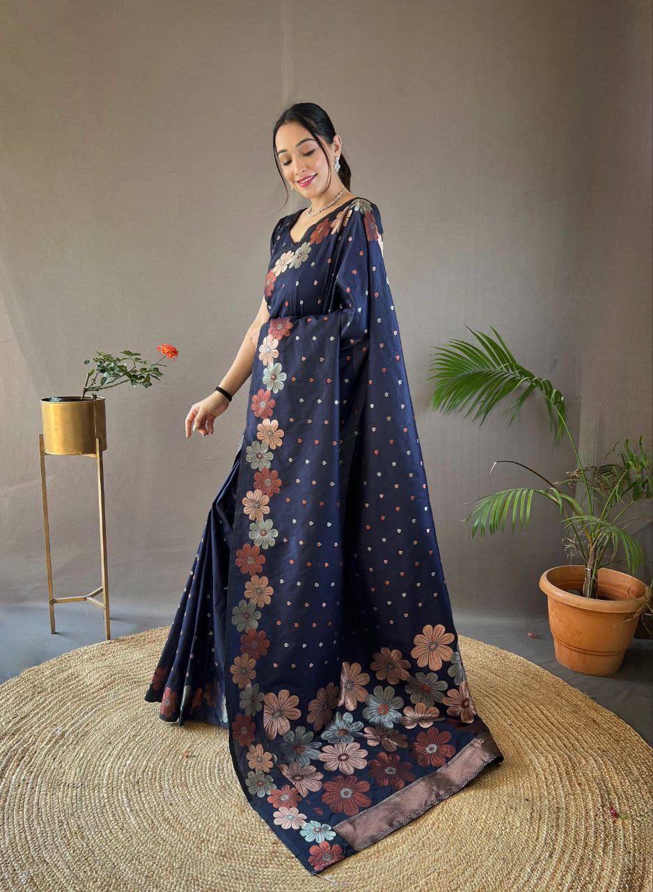 Navy Blue Floral Embroidered Saree with Polka Dot Pattern