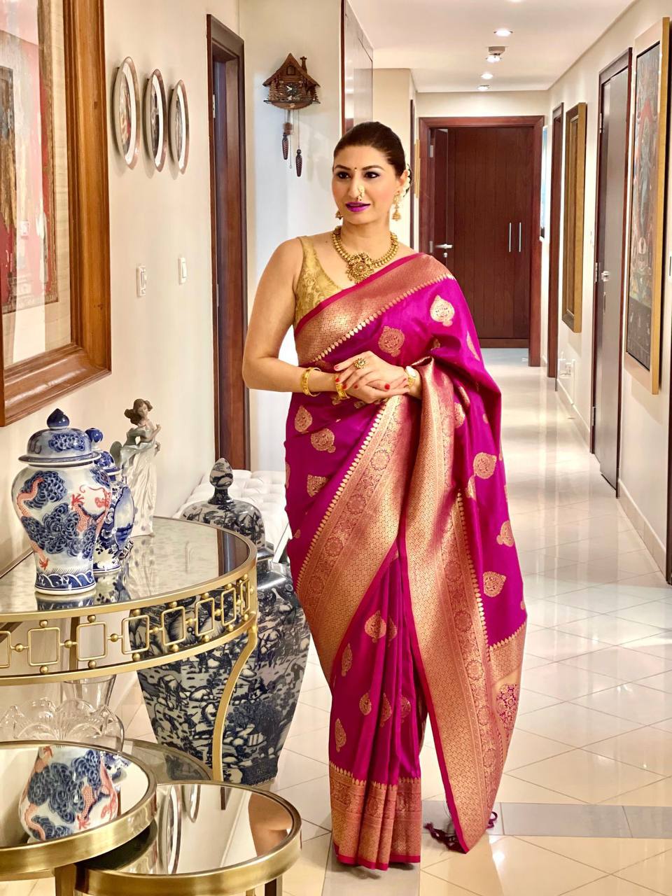Banarasi Silk Saree with Golden Zari Work Magenta Pink