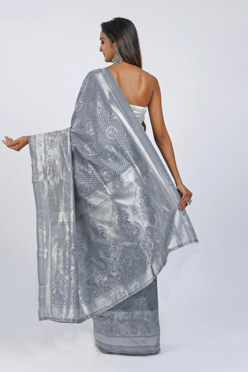 Grey Banarasi Silk Saree with Silver Zari Work