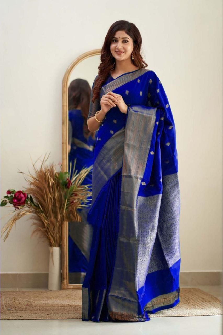 Royal Blue Silk Saree with Silver Zari Border and Butta Work