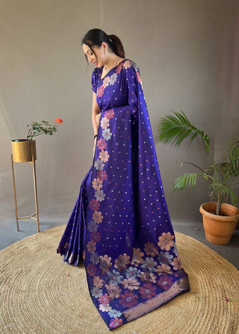 Royal Blue Floral Woven Silk Saree with Embroidered Border
