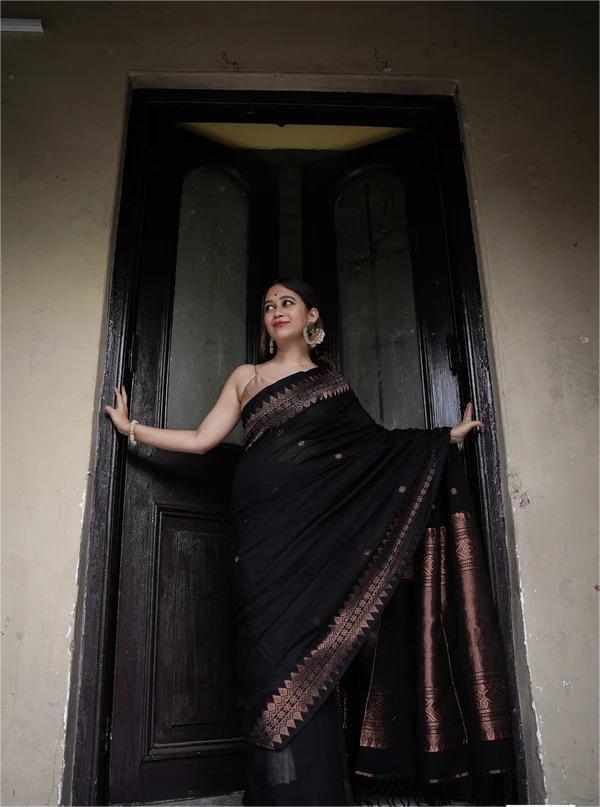 Elegant Black Silk Saree with Copper Zari Border