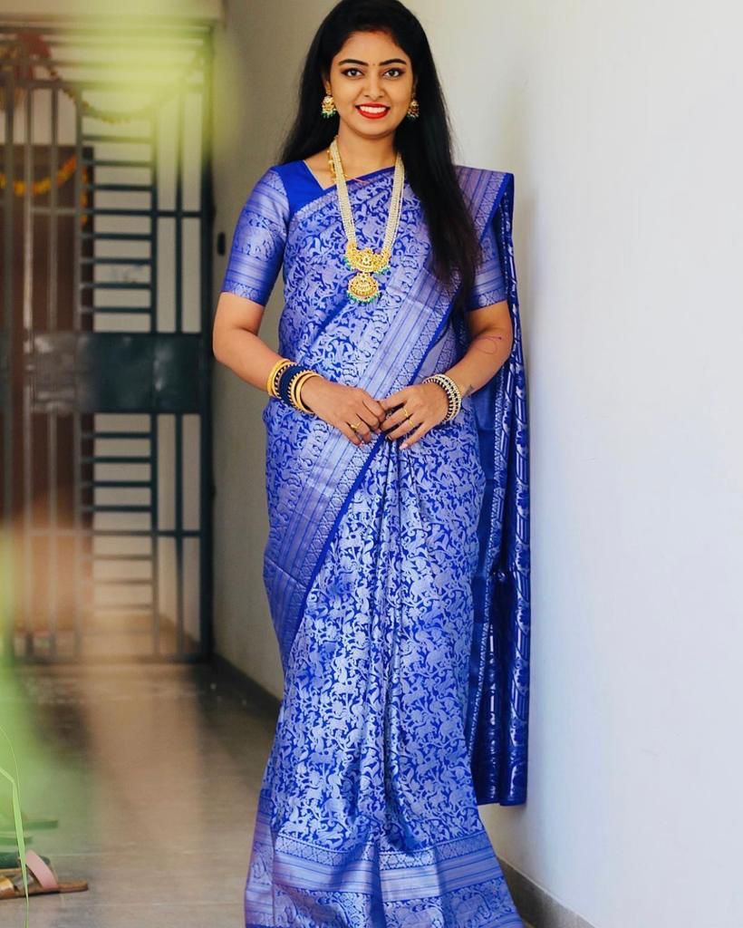 Blue Silk Saree with Intricate Floral Jacquard Work and Traditional Border