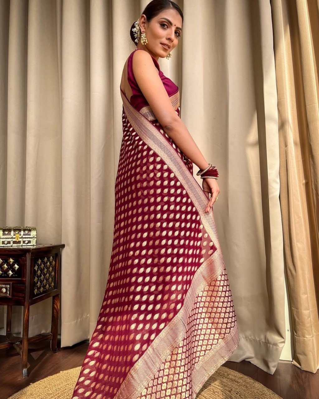 Maroon Banarasi Silk Saree with Golden Zari Weave and Contrast Blouse