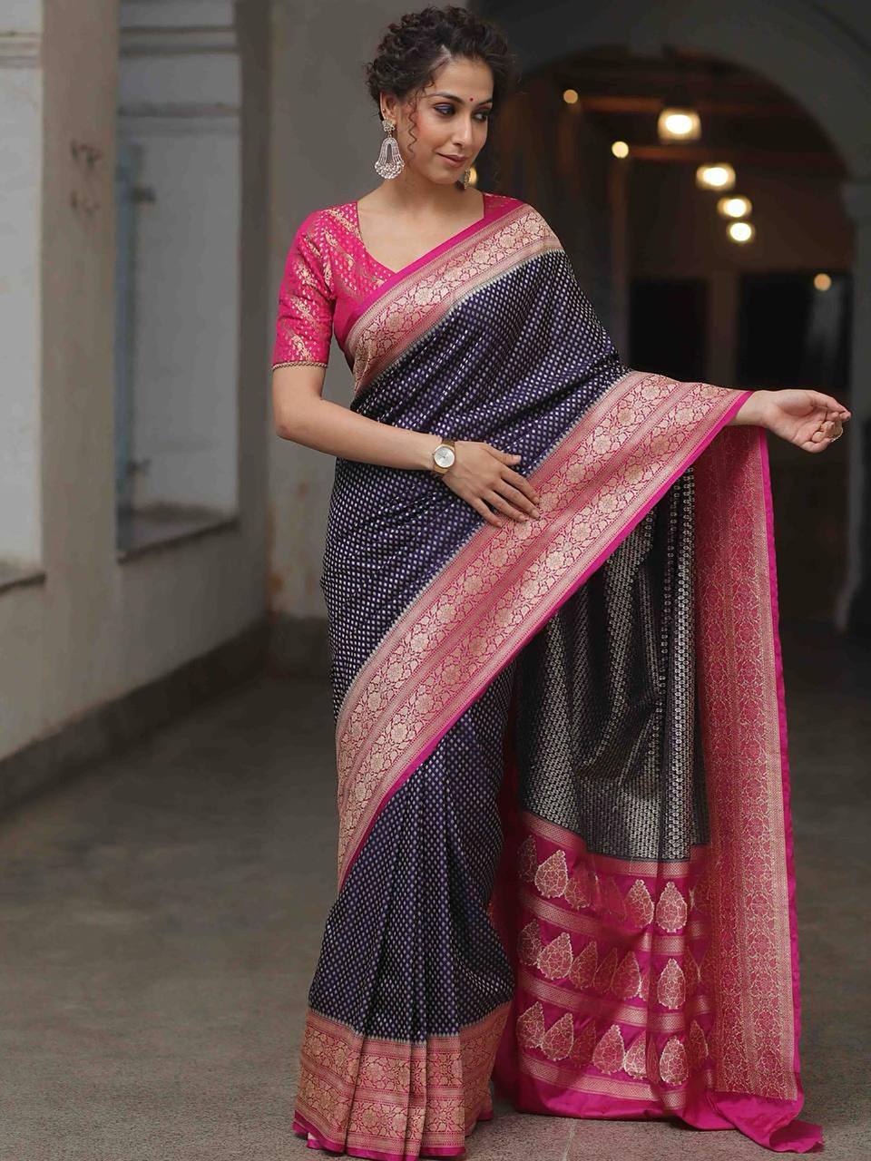 Black Banarasi Silk Saree with Pink Zari Border