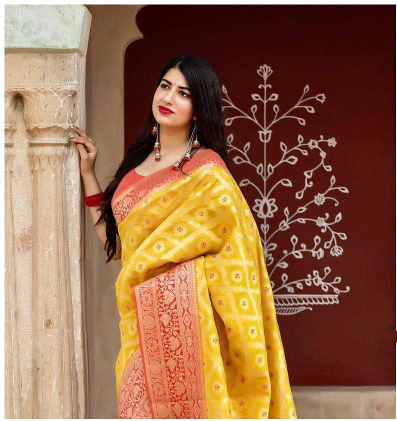 Yellow Banarasi Silk Saree with Red Border and Unstitched Blouse