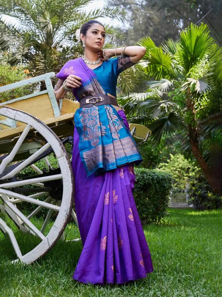 Purple and Blue Kanjivaram Silk Saree with Golden Zari Work