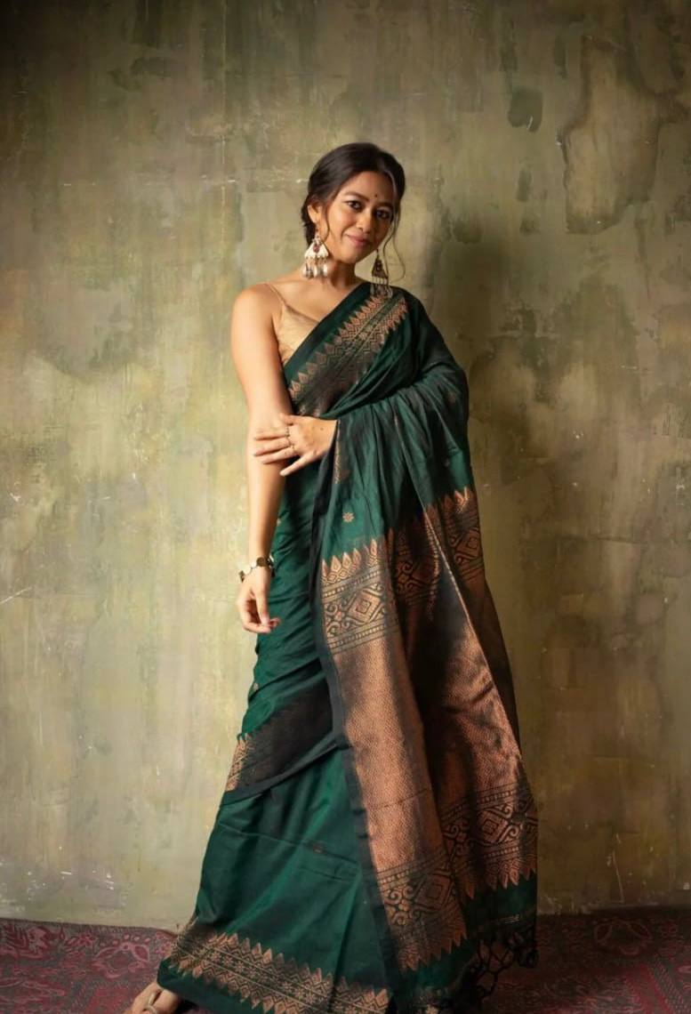 Women's Handloom Silk Saree with Woven Border in Deep Green and Bronze